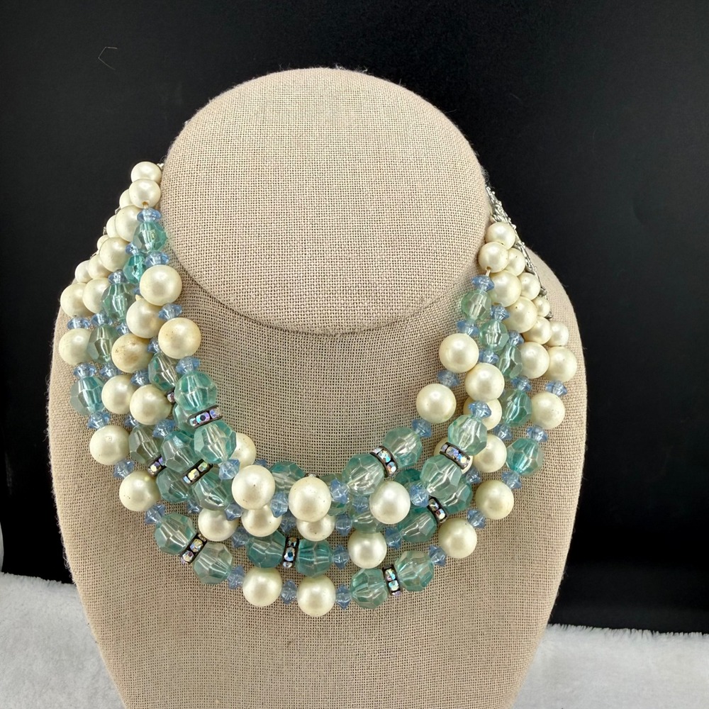 Vintage Multi-Strand Necklace Cream Aqua Blue Faux Pearl Bib READ